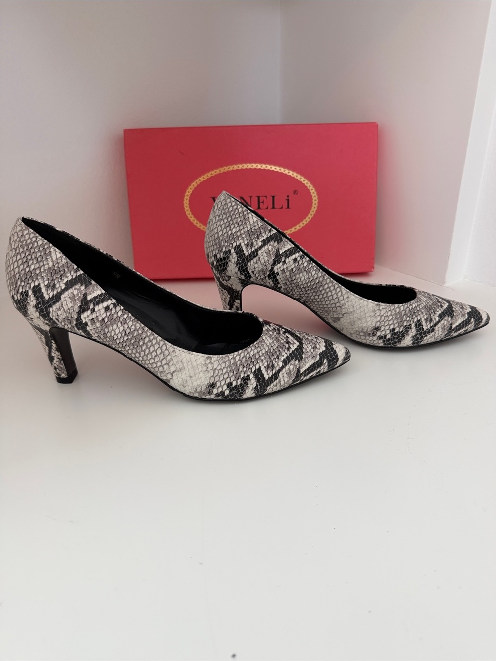 Vaneli Women's 9Narrow Snake-Print Pointed-Toe Pumps in Black and White